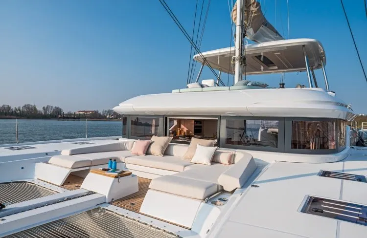 Deck of Hydrus, a Lagoon 55 catamaran at Lavrion, Greece