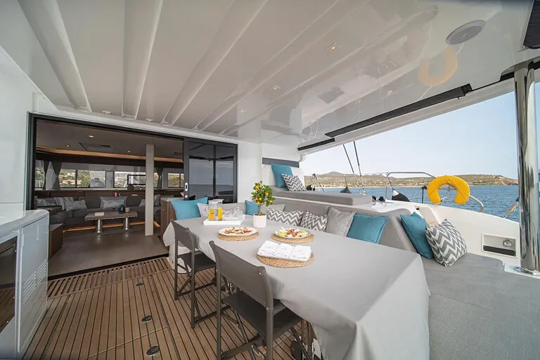 Deck of Hydrus, a Lagoon 55 catamaran at Lavrion, Greece