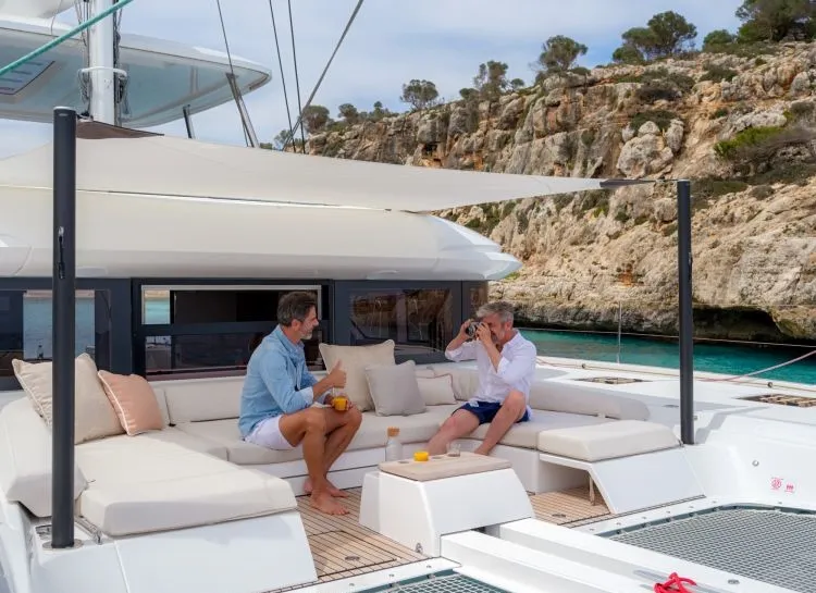Deck of Hydrus, a Lagoon 55 catamaran at Lavrion, Greece