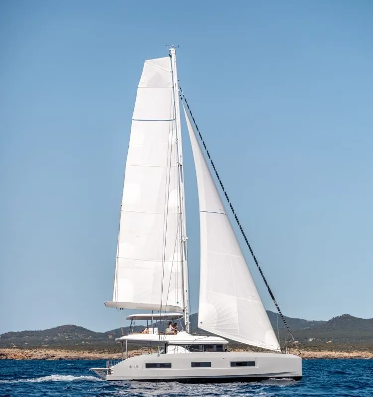 Exterior view of Hydrus, a Lagoon 55 catamaran at Lavrion, Greece