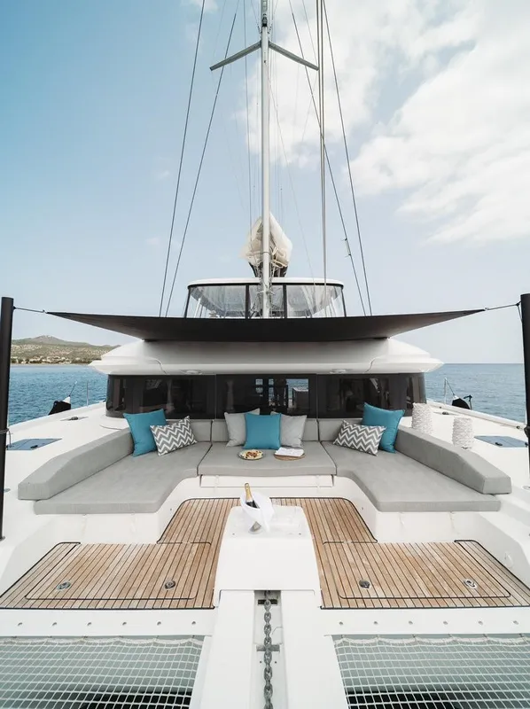 Deck of Hydrus, a Lagoon 55 catamaran at Lavrion, Greece