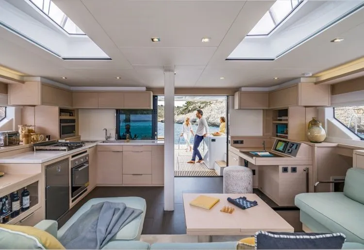 Salon of Hydrus, a Lagoon 55 catamaran at Lavrion, Greece