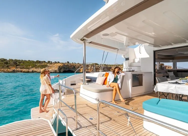 Deck of Hydrus, a Lagoon 55 catamaran at Lavrion, Greece