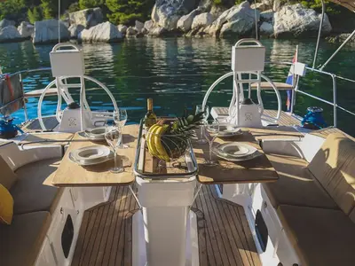 Cockpit of LENA, a Elan Impression 50 sailboat at Split, Croatia