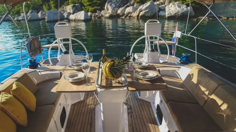 Cockpit of LENA, a Elan Impression 50 sailboat at Split, Croatia