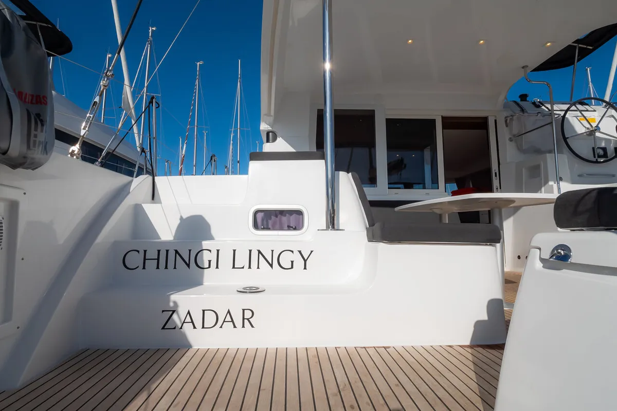 Exterior view of Chingi Lingy, a Lagoon 40 catamaran at Grad Biograd na Moru, Croatia