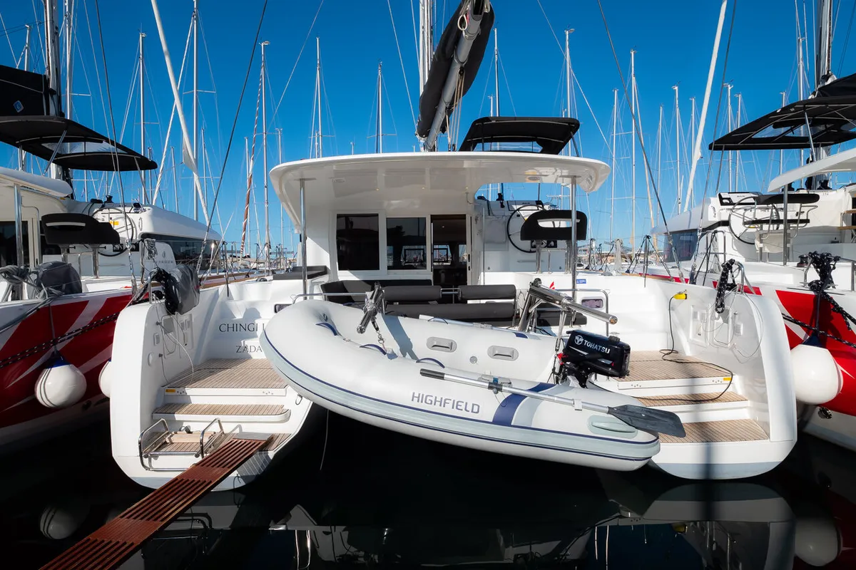 Exterior view of Chingi Lingy, a Lagoon 40 catamaran at Grad Biograd na Moru, Croatia
