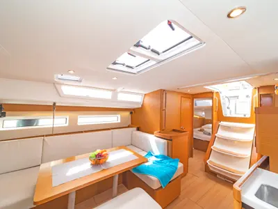 Salon of Goldfish, a Jeanneau Sun Odyssey 490 sailboat at Kos, Greece