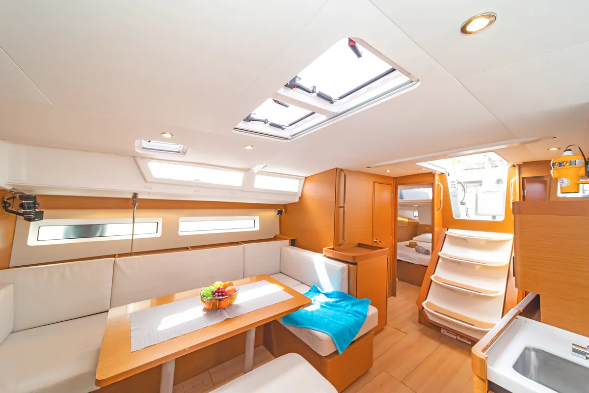 Salon of Goldfish, a Jeanneau Sun Odyssey 490 sailboat at Kos, Greece