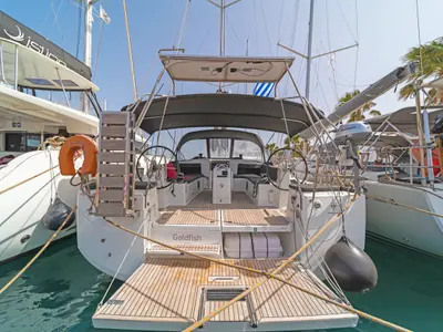 Deck of Goldfish, a Jeanneau Sun Odyssey 490 sailboat at Kos, Greece