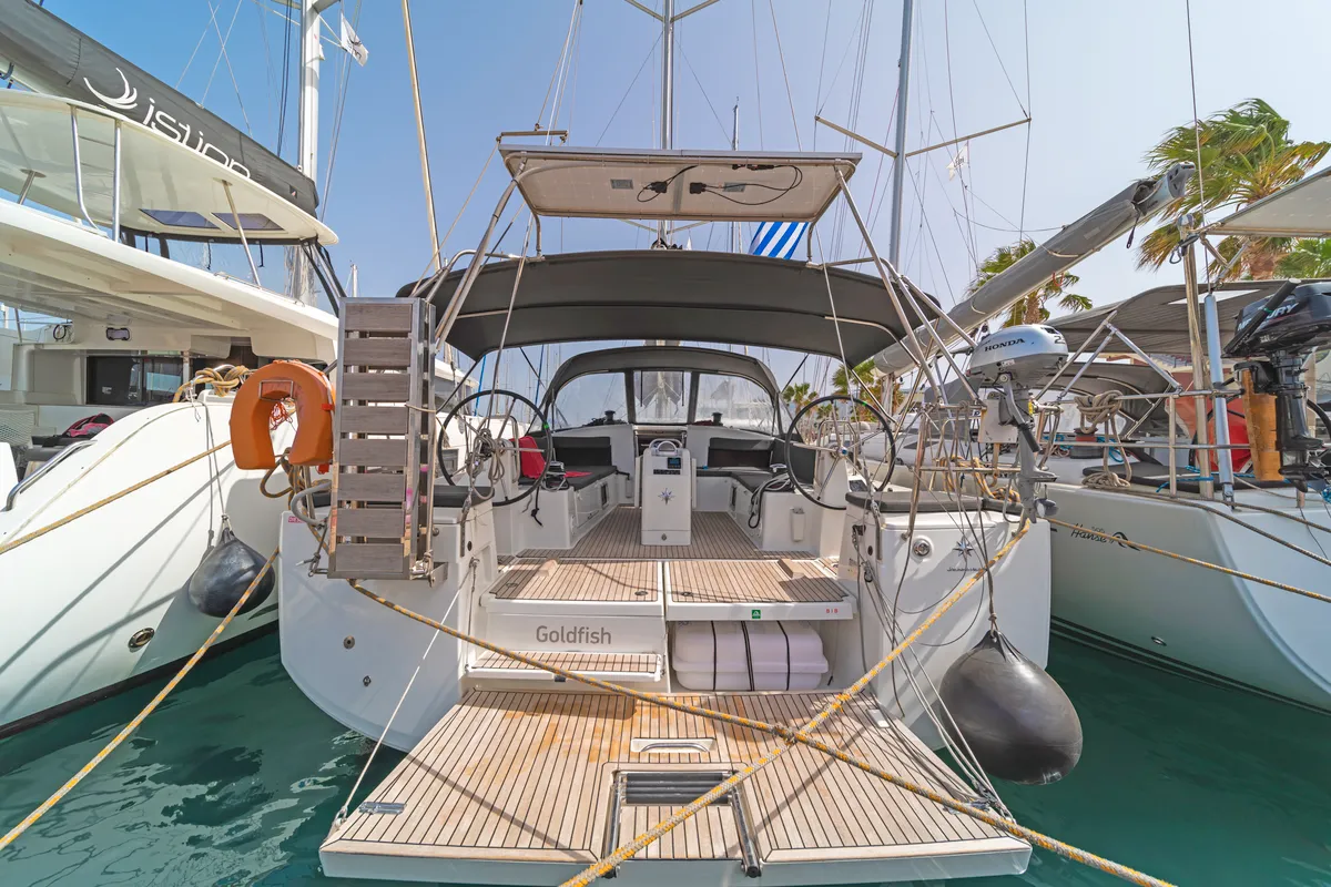 Deck of Goldfish, a Jeanneau Sun Odyssey 490 sailboat at Kos, Greece
