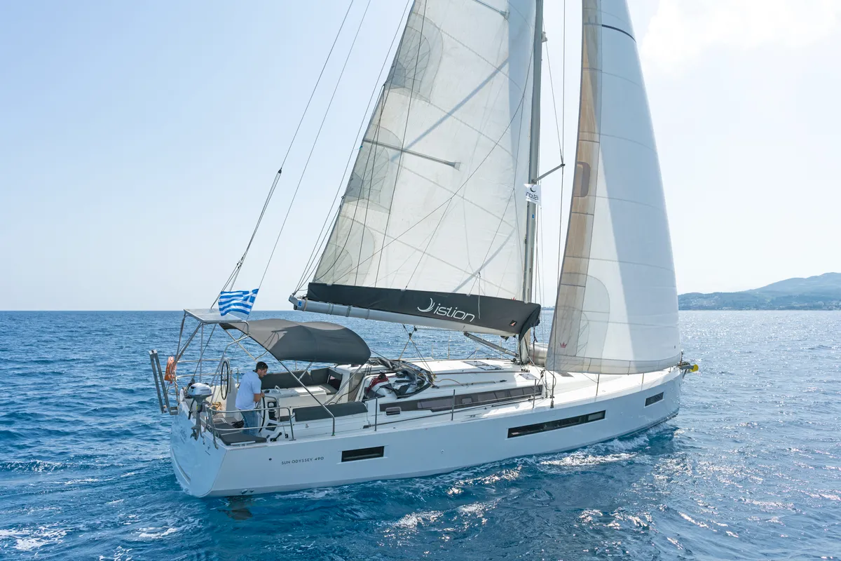 Exterior view of Goldfish, a Jeanneau Sun Odyssey 490 sailboat at Kos, Greece