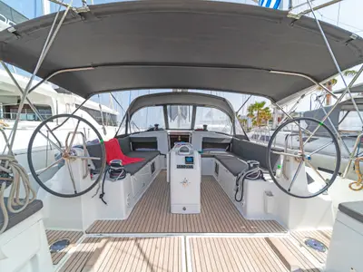 Cockpit of Goldfish, a Jeanneau Sun Odyssey 490 sailboat at Kos, Greece