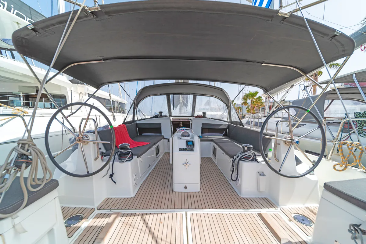 Cockpit of Goldfish, a Jeanneau Sun Odyssey 490 sailboat at Kos, Greece
