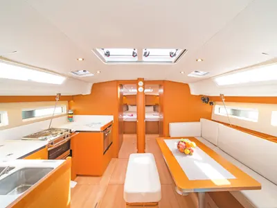 Galley of Goldfish, a Jeanneau Sun Odyssey 490 sailboat at Kos, Greece
