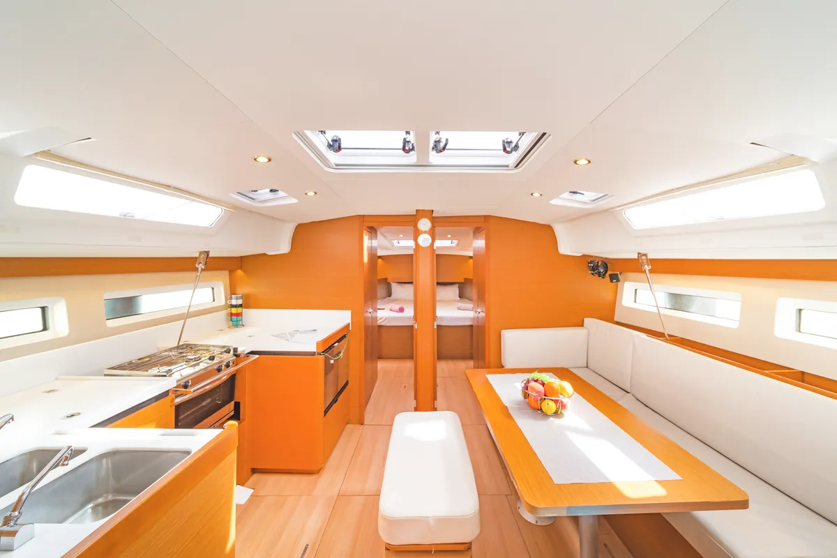 Galley of Goldfish, a Jeanneau Sun Odyssey 490 sailboat at Kos, Greece