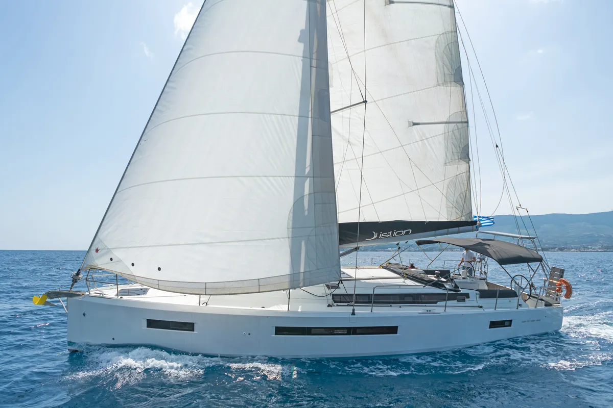 Exterior view of Goldfish, a Jeanneau Sun Odyssey 490 sailboat at Kos, Greece