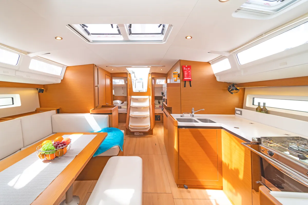 Galley of Goldfish, a Jeanneau Sun Odyssey 490 sailboat at Kos, Greece