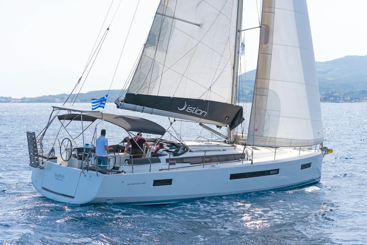 Exterior view of Goldfish, a Jeanneau Sun Odyssey 490 sailboat at Kos, Greece