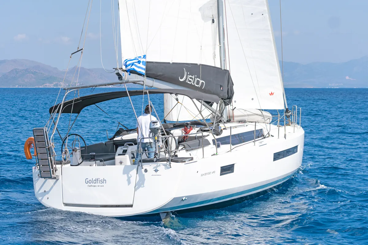 Exterior view of Goldfish, a Jeanneau Sun Odyssey 490 sailboat at Kos, Greece
