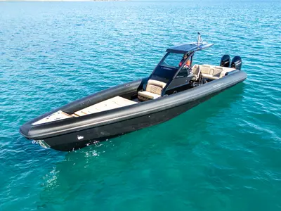 Thyella, a Technohull 38 Grand Sport motorboat at Lavrion, Greece