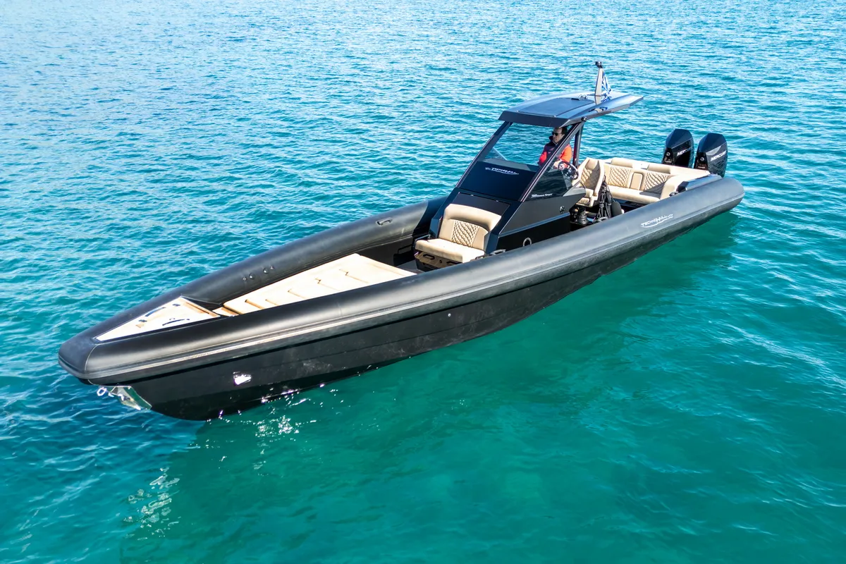 Thyella, a Technohull 38 Grand Sport motorboat at Lavrion, Greece