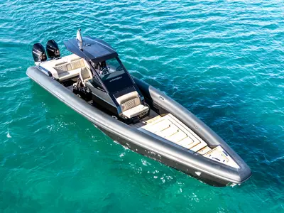 Thyella, a Technohull 38 Grand Sport motorboat at Lavrion, Greece