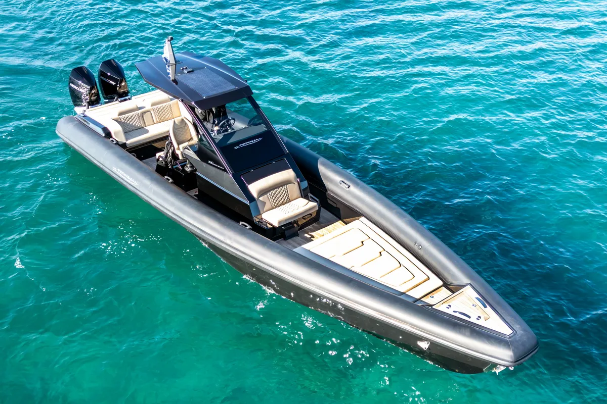 Thyella, a Technohull 38 Grand Sport motorboat at Lavrion, Greece