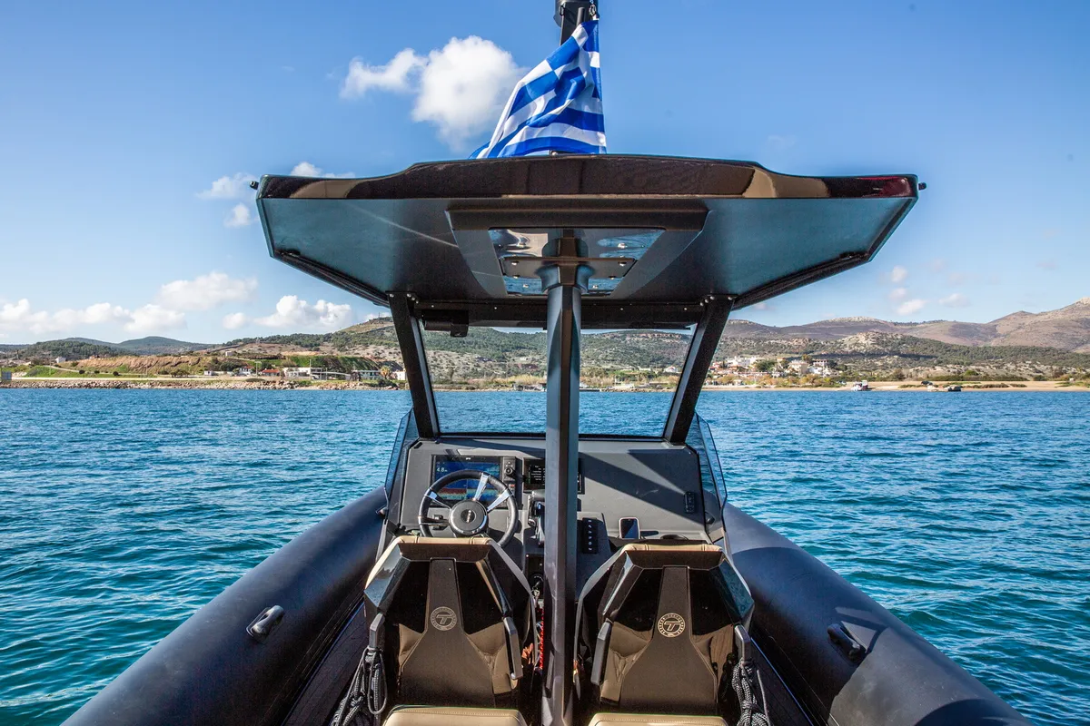 Thyella, a Technohull 38 Grand Sport motorboat at Lavrion, Greece