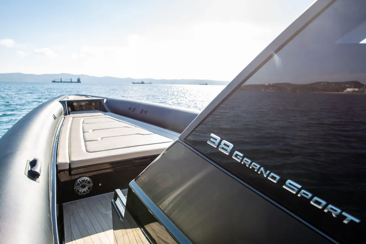 Thyella, a Technohull 38 Grand Sport motorboat at Lavrion, Greece