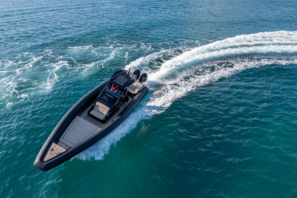 Thyella, a Technohull 38 Grand Sport motorboat at Lavrion, Greece