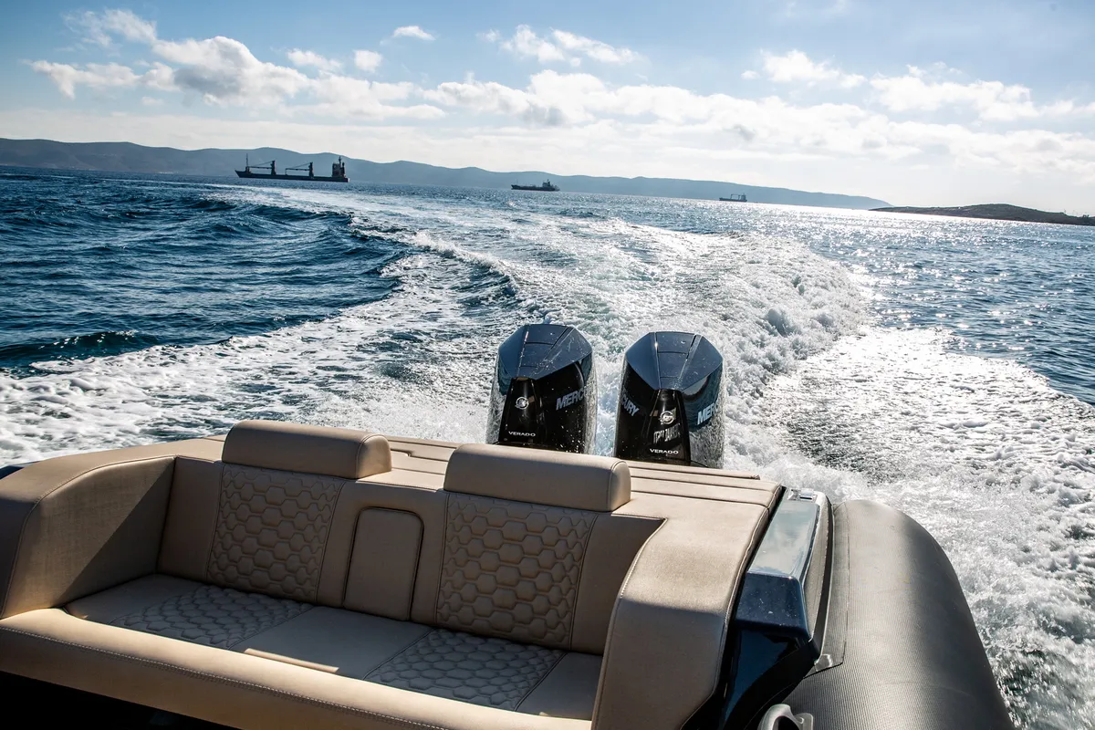Thyella, a Technohull 38 Grand Sport motorboat at Lavrion, Greece