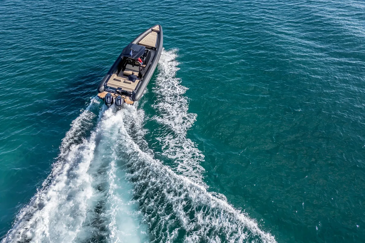 Thyella, a Technohull 38 Grand Sport motorboat at Lavrion, Greece