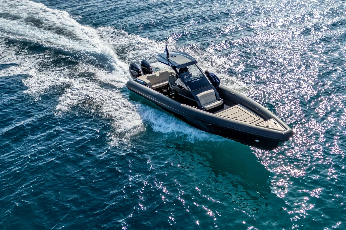 Thyella, a Technohull 38 Grand Sport motorboat at Lavrion, Greece