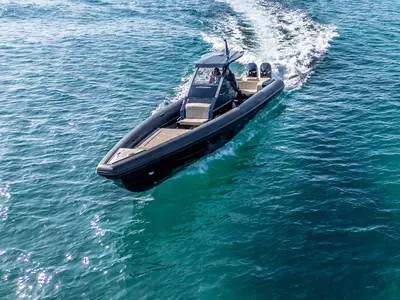 Thyella, a Technohull 38 Grand Sport motorboat at Lavrion, Greece
