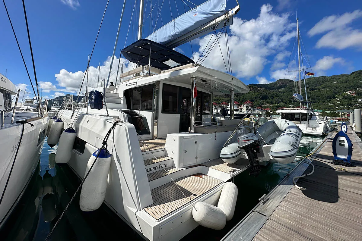 Queen Feta, a Bali 4.8 catamaran at Roche Caiman, Seychelles