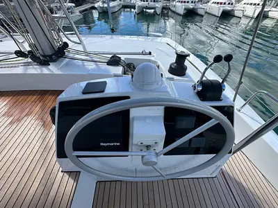 Cockpit of Queen Feta, a Bali 4.8 catamaran at Roche Caiman, Seychelles