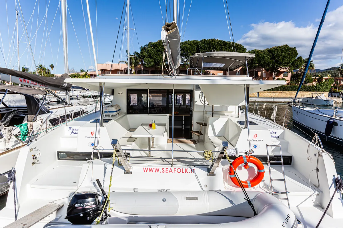 Relax Planet, a Fountaine Pajot Lucia 40 catamaran at Tonnarella, Italy