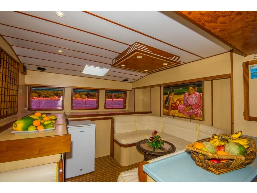 Salon of Le Gauguin, a Gulet Mojito 78 catamaran at Roche Caiman, Seychelles
