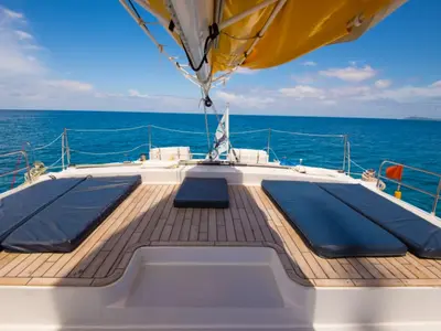 Deck of Le Gauguin, a Gulet Mojito 78 catamaran at Roche Caiman, Seychelles