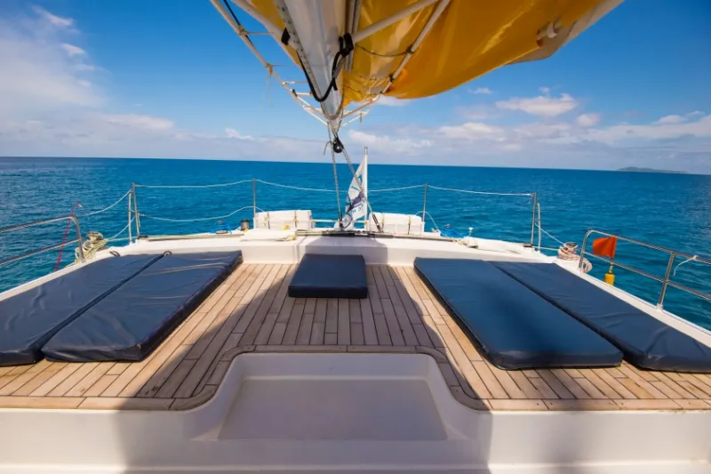 Deck of Le Gauguin, a Gulet Mojito 78 catamaran at Roche Caiman, Seychelles