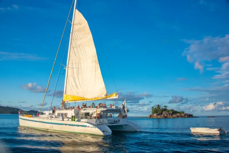 Exterior view of Le Gauguin, a Gulet Mojito 78 catamaran at Roche Caiman, Seychelles