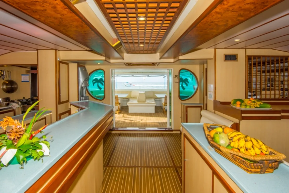 Salon of Le Gauguin, a Gulet Mojito 78 catamaran at Roche Caiman, Seychelles