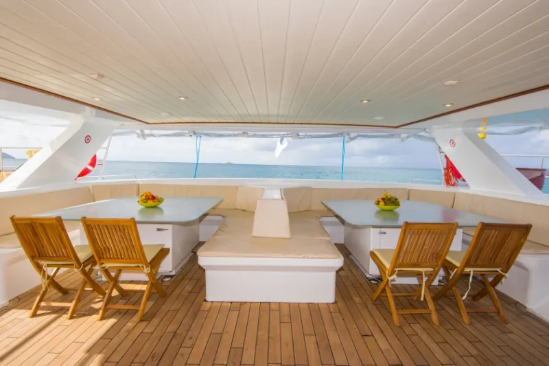 Deck of Le Gauguin, a Gulet Mojito 78 catamaran at Roche Caiman, Seychelles
