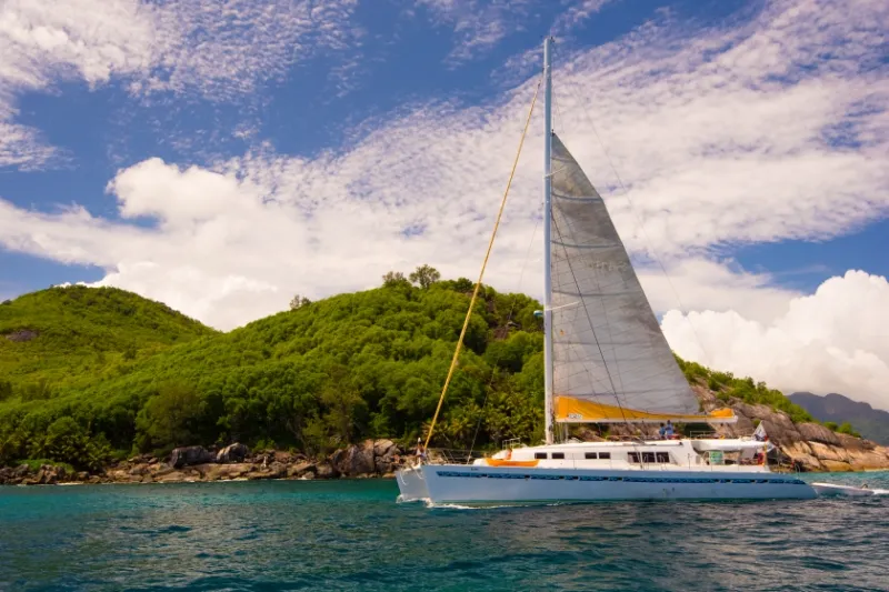 Exterior view of Le Gauguin, a Gulet Mojito 78 catamaran at Roche Caiman, Seychelles