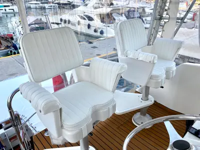 Cockpit of Tipejyas, a Gulet Hatteras 50 Convertible motorboat at Athens, Greece