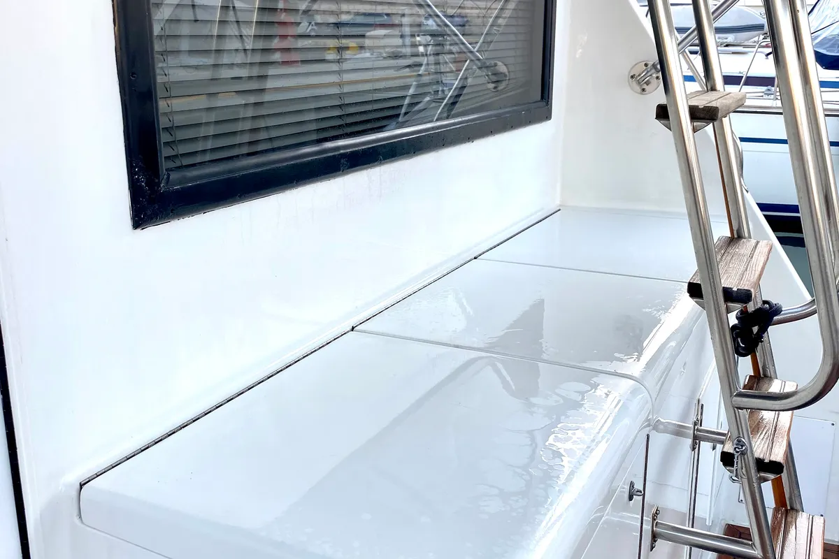 Deck of Tipejyas, a Gulet Hatteras 50 Convertible motorboat at Athens, Greece