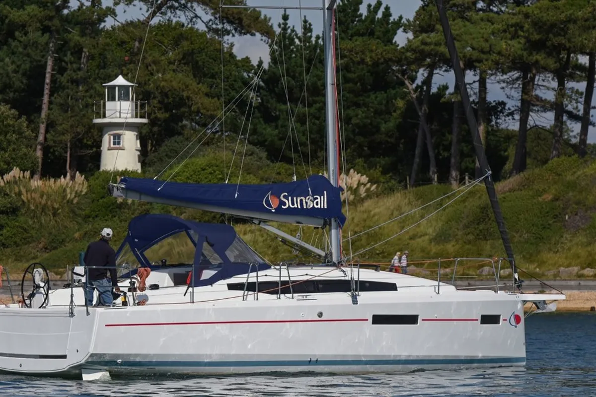 Exterior view of Sunsail 38.0 Classic, a Jeanneau Sun Odyssey 380 sailboat at Municipal Unit of Lefkada, Greece
