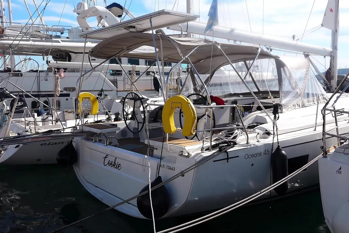 Exterior view of COOKIE, a Beneteau Oceanis 46.1 sailboat at Preveza, Greece