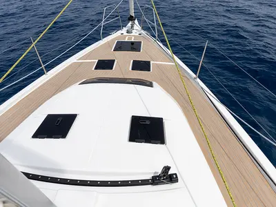 Deck of Bigi, a Dufour 41 sailboat at U Pàize, Italy